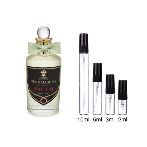 Penhaligons Halfeti fragrance, front view with sample vials